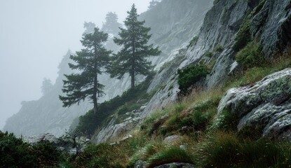 Misty mountainside with trees