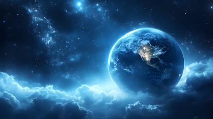 Beautiful view of Earth from space surrounded by glowing clouds and stars at night