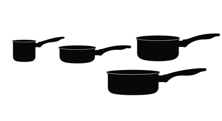 Set of four black saucepan pots with handles isolated on for culinary needs vector