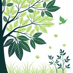 Stylized green tree with dark branches and leaves a flying bird and falling leaves on a white background with grass