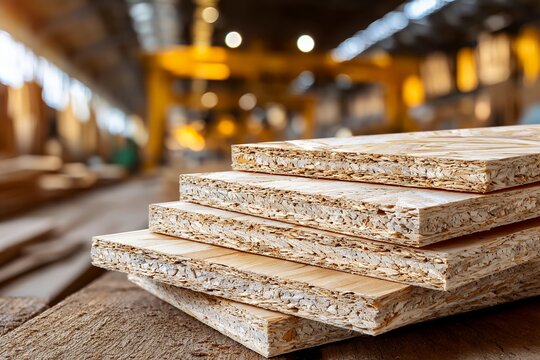 Close-up of oriented strand board sheets in industrial woodworking warehouse