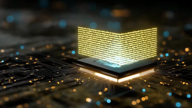 A computer chip is lit up with blue and yellow lights. The chip is on a black background. Glowing AI chip with floating legal document text overlay, policy minimal conceptual dark background