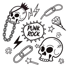 Set of hand drawn punk rock elements including skulls chains lightning bolts stars and a diamond for graphic design