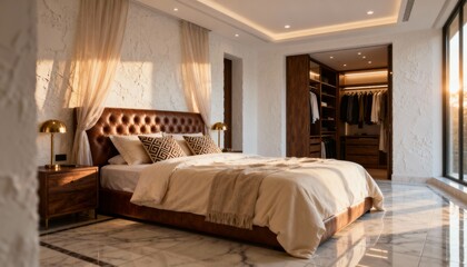Luxury bedroom interior with marble floor and sunlight.