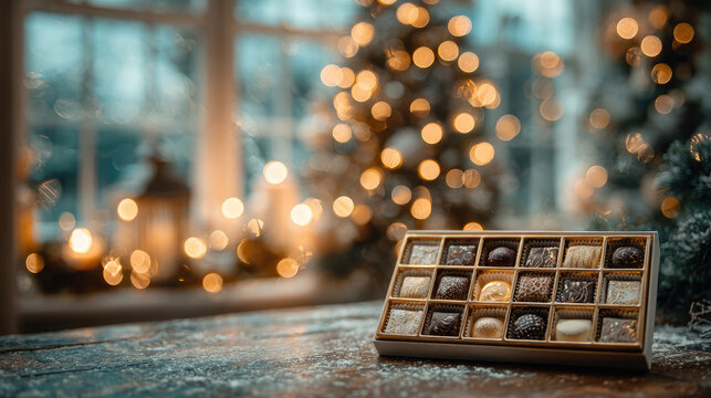 close-up of advent calendar with opened window revealing chocolate blurred christmas tree lights festive holiday countdown cozy winter tradition seasonal decoration home interior