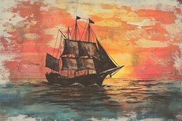 Vintage Sailing Ship at Sunset Ocean Scene Illustration