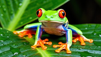 Fototapeta premium Vibrant red-eyed tree frog on leaf tropical rainforest close-up photography lush environment nature concept