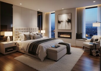 Elegant modern bedroom with a tufted headboard, cozy fireplace, and panoramic city view through large windows.