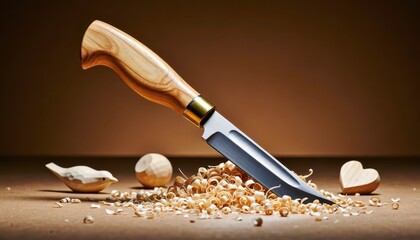 Crafting with precision woodworking knife in workshop artisan tools rustic environment close-up shot