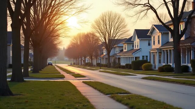 Morning in the village of Illinois. Houses and streets in the village of Mundelein. Cambridge Country Park