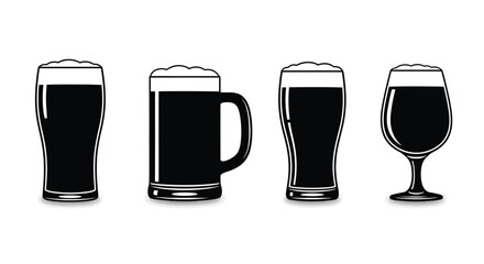 Four dark beer pints and glasses with frothy tops isolated on white surface vector