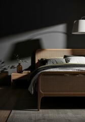 Modern bedroom with rattan bed and soft natural lightใ