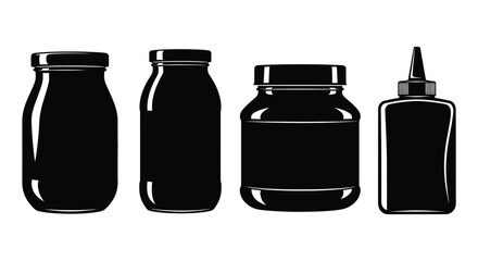 Set of four different black silhouette glass jars and bottles isolated studio shot vector