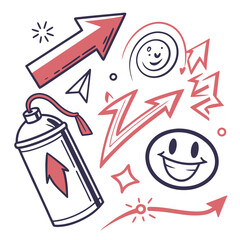 Graffiti style hand drawn illustration of spray paint can with arrows and smiley faces on white background