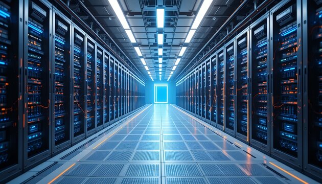 Futuristic data center corridor with rows of illuminated server racks and advanced networking