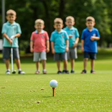 young boys standing on a sunny grass field, focused on a boy preparing to hit a golf ball off a tee. The image captures the introduction of children to sports, skill development, and golf lessons.