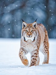 Obraz premium Lynx walking through snowy landscape winter wildlife photography natural environment captured in action