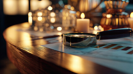 Obraz premium Business audit with efficiency evaluation concept. Magnifying glass on table with candles and color samples.