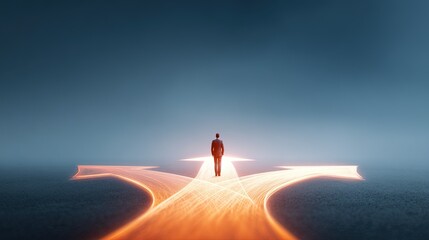 A lone figure in a dark suit stands at a three way junction where luminous orange arrow paths diverge on a dark surface