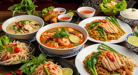 Delicious Thai cuisine set with classic dishes such as Tom Yum soup, Pad Thai noodles, Green Curry, and Papaya Salad.