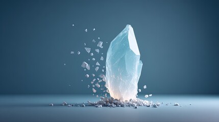 A luminous blue crystal emanates light from its base surrounded by scattered and suspended fragments Clean blue background