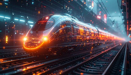 A macro ultra hyper realistic shot of a futuristic train, with a glowing, data stream on its body.