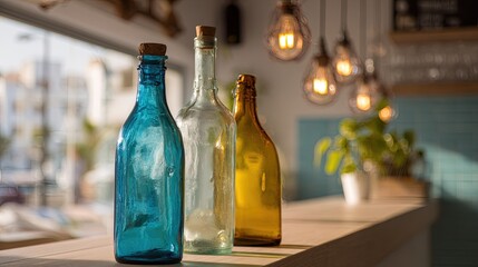 Blue clear and amber corked glass bottles on a wooden counter Warm hanging lights and an outdoor window are blurred behind