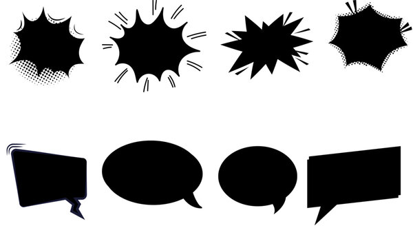 Comic Burst Speech Bubble and Text Box Silhouettes &ndash; Pop Art Dialog Retro Vector Elements Set