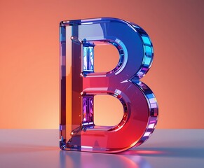 3d render of glass letter B in blue on orange background.