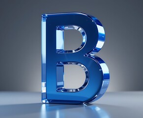 Blue glossy glass letter B isolated on grey background. 3d rendering