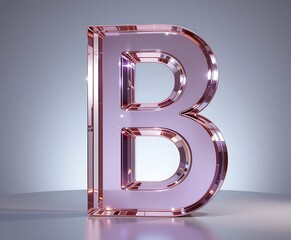 pink glass letter B on grey background, 3d illustration, square image