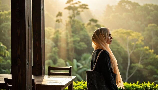 Reflective woman in hijab amidst lush forest nature scene serene environment side view peaceful concept - Powered by Adobe