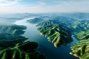 Obraz premium Breathtaking aerial view of lush green mountains and serene river under a clear sky