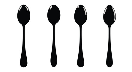 Four sleek black spoons arranged in a row with reflective surfaces studio shot vector