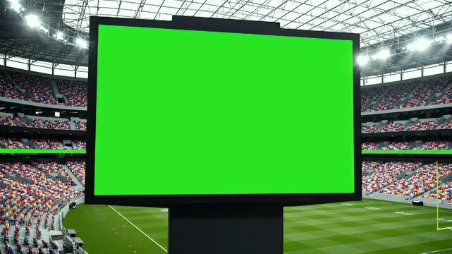 Green screen scoreboard in a vast sports stadium. Chroma key display ready for custom content, live scores, or advertisements in a professional arena.