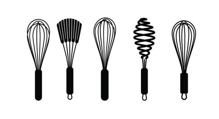 Collection of five different kitchen whisks showcasing various designs and styles for culinary tasks vector
