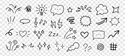 Manga expression and motion comic elements. Cartoon speech bubbles, stars, lightning, swirls and emotion symbols. Vector set