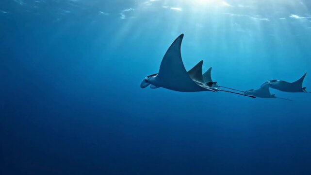 Graceful manta rays glide through sunlit ocean depths, a serene underwater ballet.