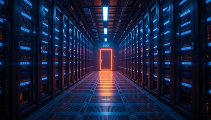 futuristic data center hallway illuminated with blue led lights and central glowing doorway