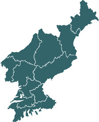Fototapeta premium Dark Teal Silhouette Map of North Korea with Provincial Borders Highlighted in White