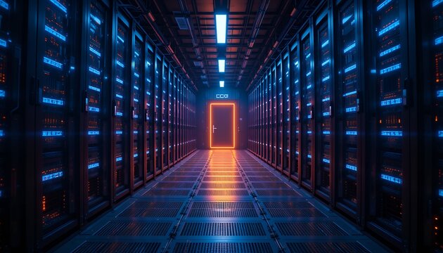 futuristic data center hallway illuminated with blue led lights and central glowing doorway - Powered by Adobe