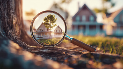 Utilizing magnification tool for wood hunting concept. Magnifying glass revealing a house through a tree's perspective.