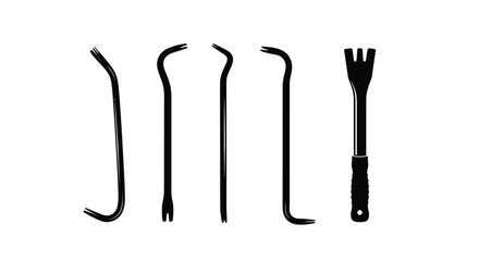 Set of five black metal pry bar and hook tool silhouettes isolated on vector