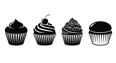 Four stylized black cupcakes with frosted tops and cherry on one dessert treat vector