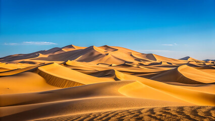 Golden Desert Sand Dunes Under Clear Blue Sky