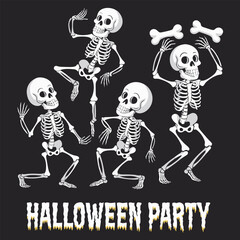 Skeleton party vector design with dancing bones characters and Halloween typography for spooky celebration background