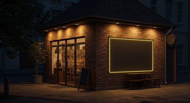 Illuminated blank signage on brick facade of shop at night atmosphere