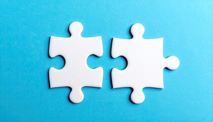 Fototapeta premium Two white puzzle pieces, fitting together on a light-blue surface
