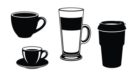 Collection of stylized coffee cups and mugs in a simple black and white graphic style vector