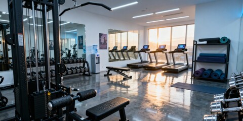 Fototapeta premium Modern gym interior with exercise machines and sunlight reflection